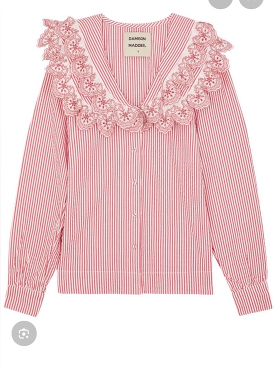 Damson Madder Girls' Red Striped Ruffle Collar Blouse